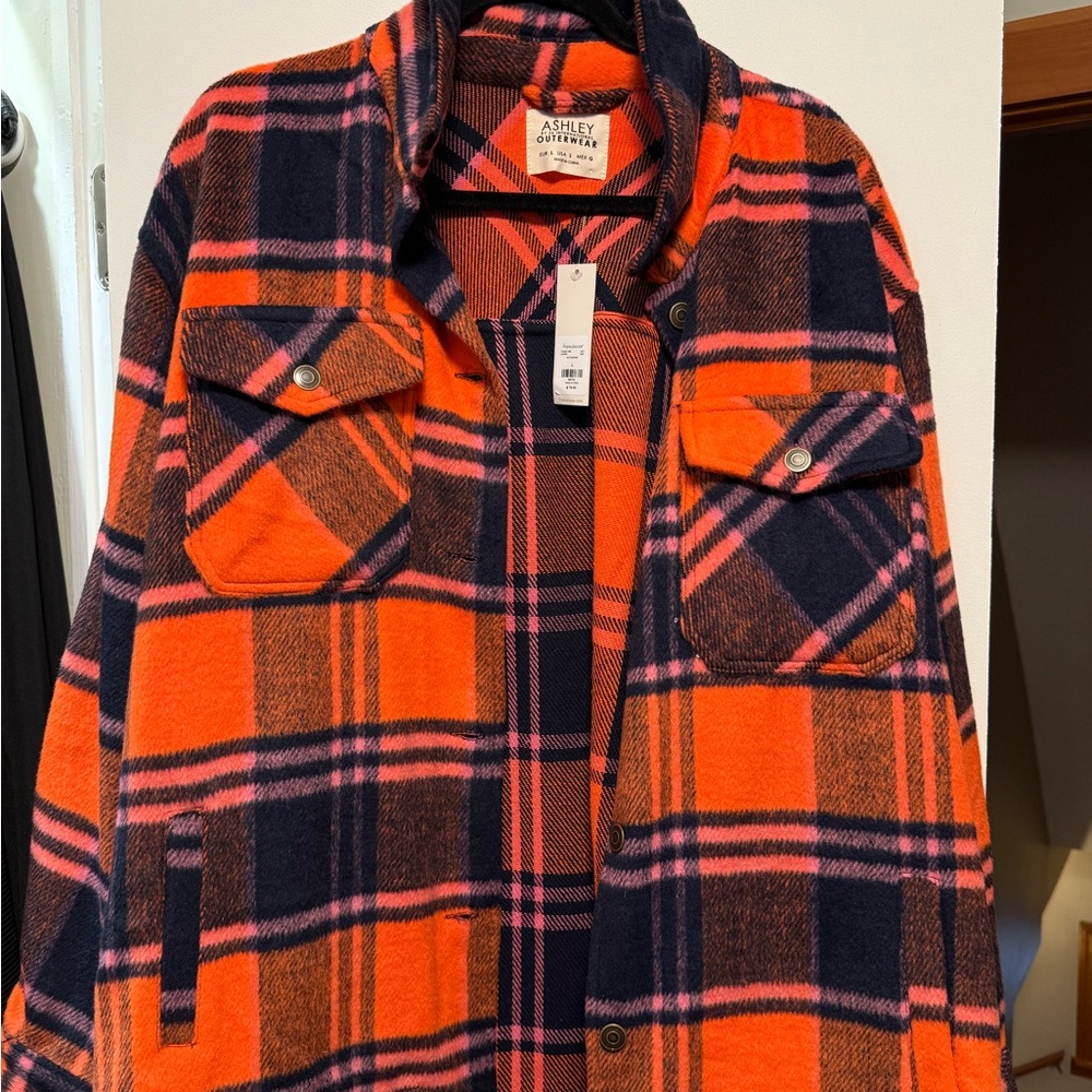 Ashley By 26 International Orange, Navy & Pink Plaid Shacket